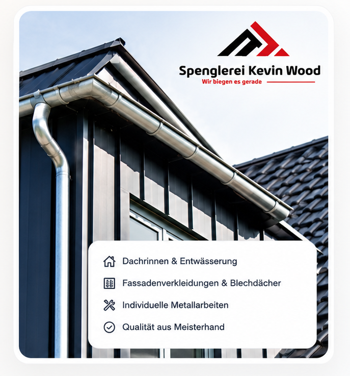 Firmenfahrzeug der Spenglerei Wood mit frisch montierter Dachrinne an einem Einfamilienhaus in Johannesberg bei Aschaffenburg